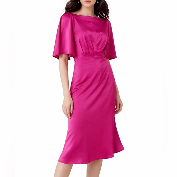 Banana Republic Dresses & Skirts - Banana Republic Satin Magenta Midi Dress Elegant Pink Flutter‎ Sleeve Dress